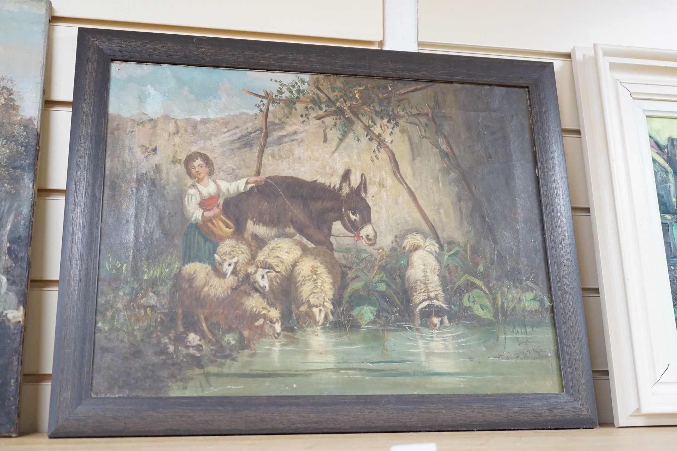 Victorian School, oil on canvas, 'Watering the flock', 37 x 49cm